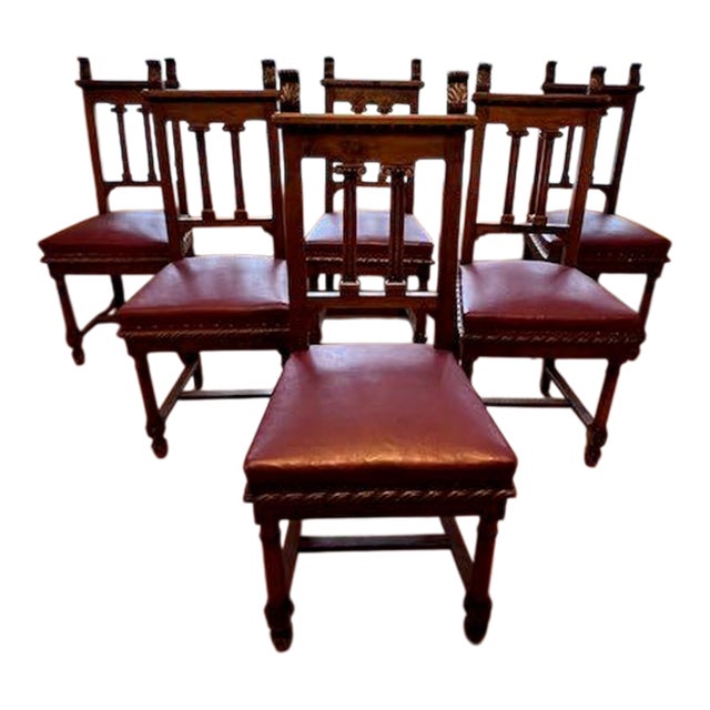 ** Last Days Available / Lowest Price ** Antique Walnut Carved Dining Chairs With Burgundy Leather Seats Set of 6 For Sale