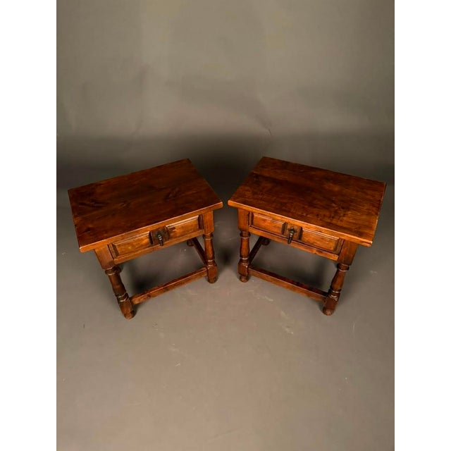 Burnt Umber Pair of American Country English Pine Side Tables With Walnut Finish, Circa 1920s For Sale - Image 8 of 18