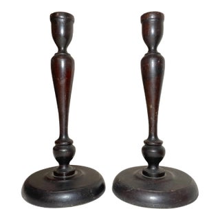 Pair Antique 19th Century Turned English Wood Brass Candlesticks Candle Holders For Sale