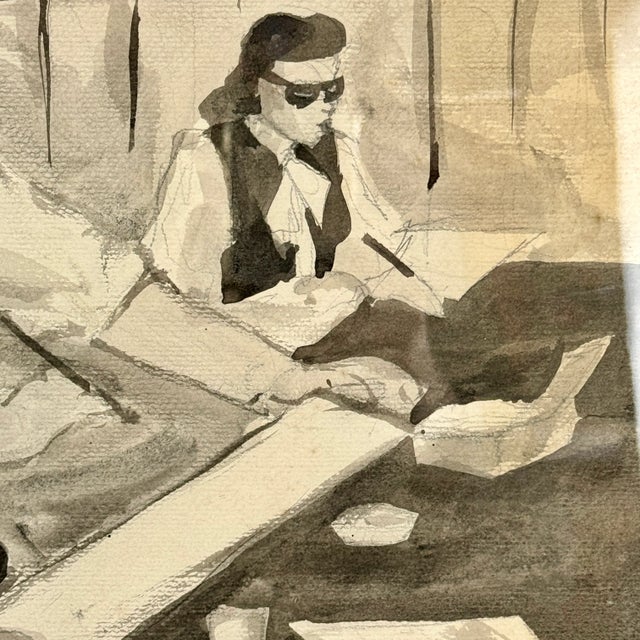 1970s Unique Set of 3 Mid-Century Modern B&w Watercolor Paintings of Creatives at Work, Framed For Sale - Image 9 of 12
