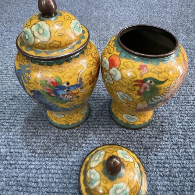 Pair of Vintage Cloisonné Enamel Dragon & Phoenix Ginger Jars For Sale In Los Angeles - Image 6 of 6