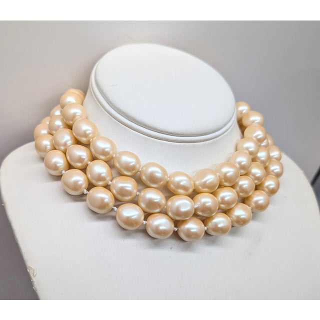 Metal Vintage Signed Monet Goldtone 3-Strand Faux-Baroque Pearl Collar Necklace For Sale - Image 7 of 10