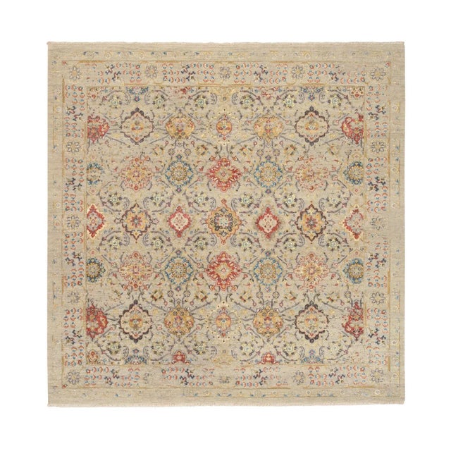 Beige, the Sunset Rosettes With Soft Colors, Wool and Pure Silk, Hand Knotted, Square Oriental Rug For Sale - Image 12 of 12