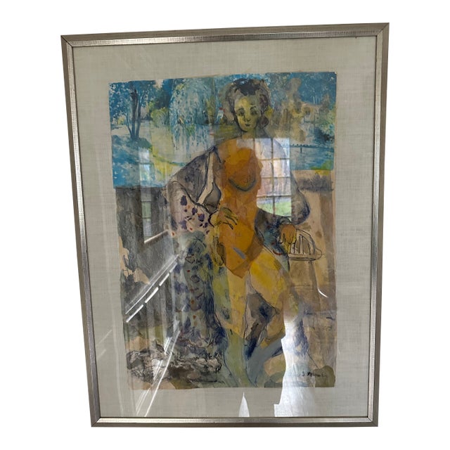 1970s Alice S. Manning "Untitled (Seated Woman in Garden)" Mid-Century Signed Watercolor & Gouache Collage For Sale