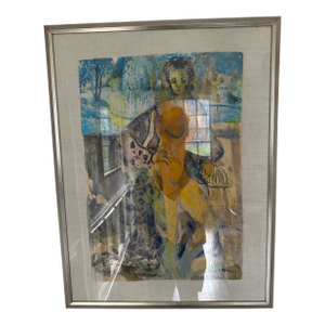 1970s Alice S. Manning "Untitled (Seated Woman in Garden)" Mid-Century Signed Watercolor & Gouache Collage