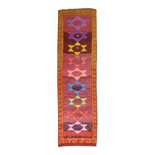 20th Century Bright Color Vintage Turkish Star Motif Full Pile Bohemian Runner For Sale