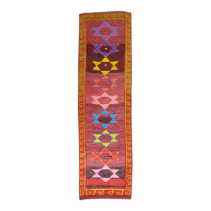 20th Century Bright Color Vintage Turkish Star Motif Full Pile Bohemian Runner