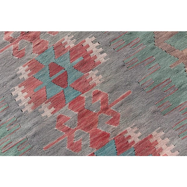 Mid 20th Century Geometric Medallion Vintage Turkish Tribal Kilim Flat-Weave Runner For Sale - Image 12 of 12