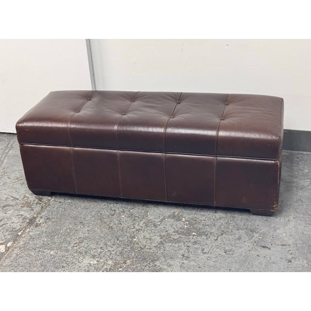 Traditional Restoration Hardware Tufted Leather Storage Ottoman For Sale - Image 3 of 12