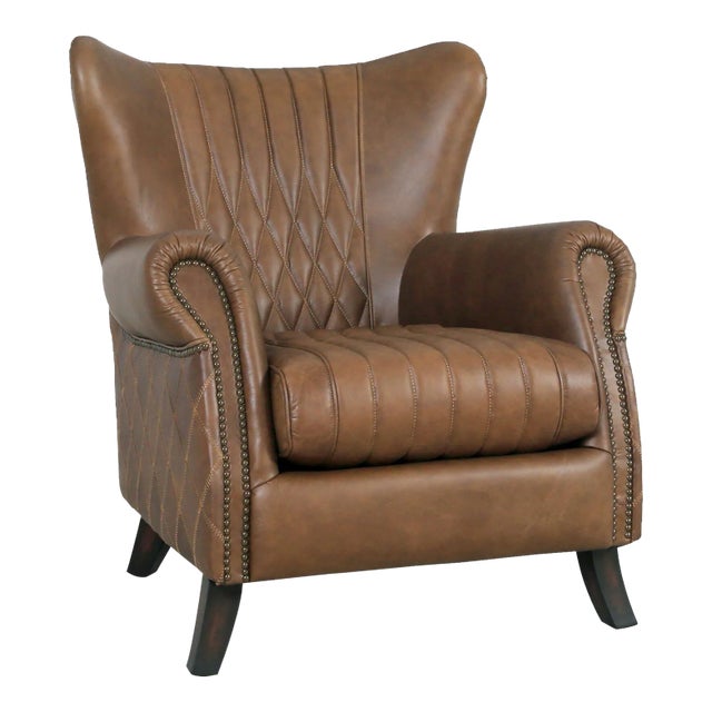 Pasargad Home Harrison Top Grain Leather Wing Chair, Brown For Sale