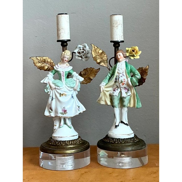 Victorian Vintage Lucite Base Porcelain Figurine Lamps - a Pair For Sale - Image 3 of 12