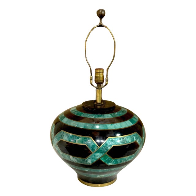 Karl Springer Style Coromandel, Malachite Lacquer & Brass Inlaid Table Lamp For Sale