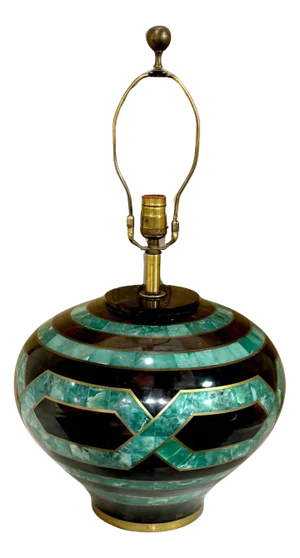 Karl Springer Style Coromandel, Malachite Lacquer & Brass Inlaid Table Lamp