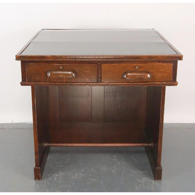 Traditional Early 1900s Black Leather Top Oak Slanted Writing Desk For Sale - Image 3 of 16