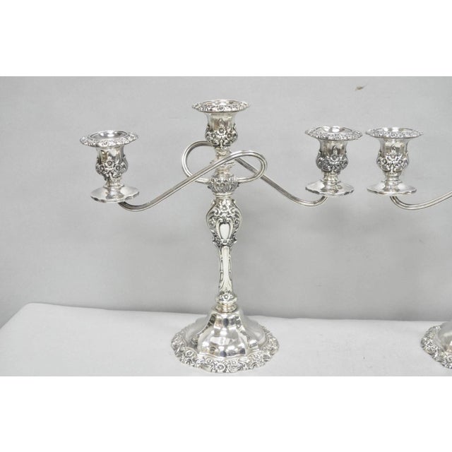 Victorian Vintage International Silver Co Countess Silver Plated 3 Arm Candelabra - Pair For Sale - Image 3 of 17