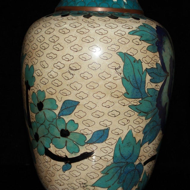Metal Pair of Chinese Cloisonné Enamel Vases With Floral & Bird Motif For Sale - Image 7 of 9
