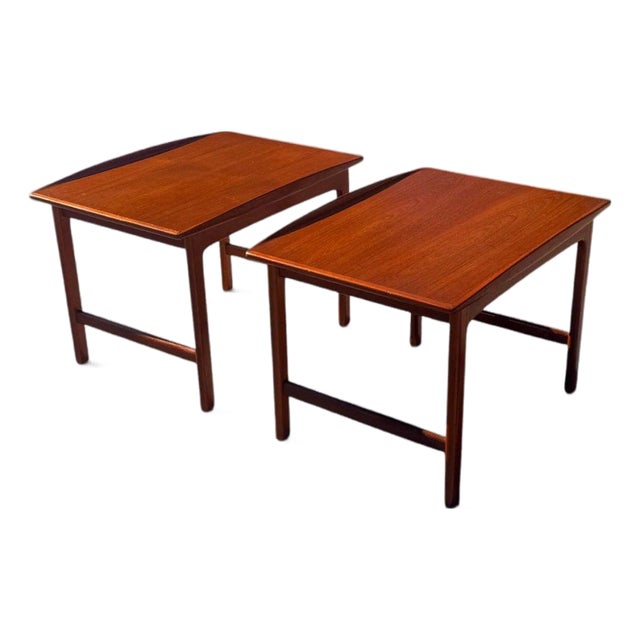 Pair of Folke Ohlsson for Dux Teak Surfboard End Tables | Swedish Mid-Century Modern | Upturned Edges | C. 1960s For Sale