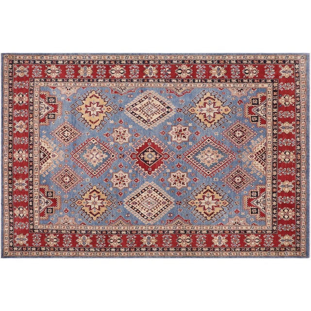 Rustic Kazak Light Blue/Red Wool Rug - 8'1''x9'7'' For Sale - Image 10 of 10