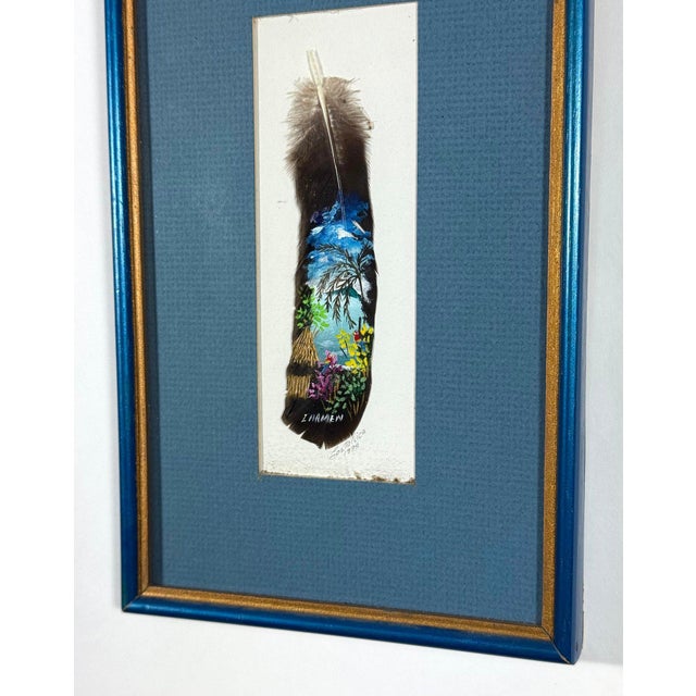 1990s Vintage 1992 Costa Rica Hand-Painted Feather Art, Framed & Signed For Sale - Image 5 of 7