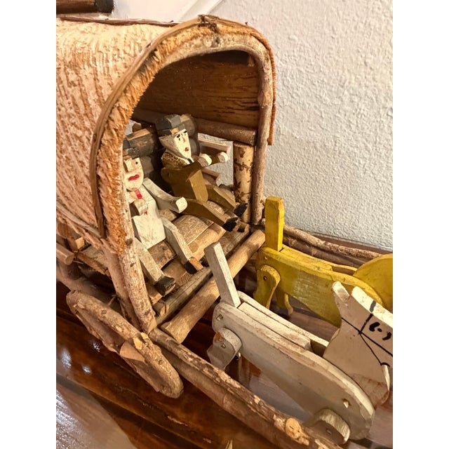 Vintage 1940s Adirondack Western Twig and Bark Handmade Covered Wagon Folk Art with Four Handcarved Wooden Horses and Two...