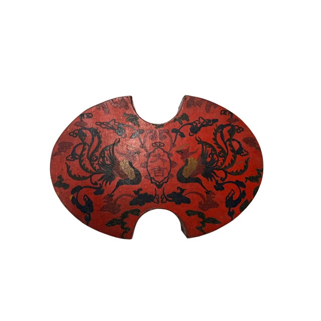 Chinese Distressed Brick Red Phoenix Graphic Oval Shape Box For Sale - Image 4 of 5