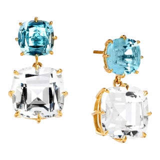 Syna Yellow Gold Blue Topaz and Rock Crystal Cushion Earrings, a Pair For Sale