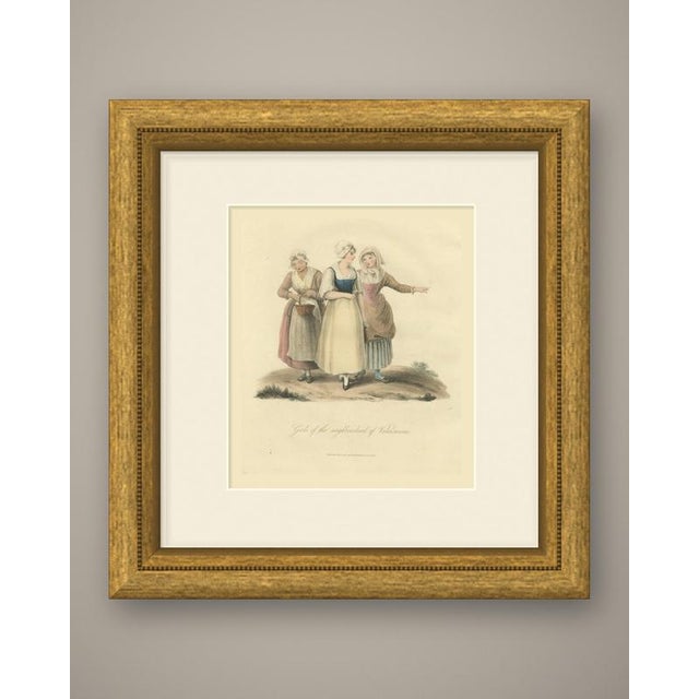 An original antique engraving, colored by hand, from Miss Semple's The Costume of the Netherlands, lettered "Girls of the...