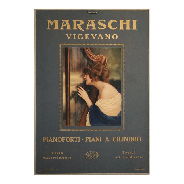 1922 Italian Harp Advertisement Poster - Maraschi Vigevano (Blue) For Sale