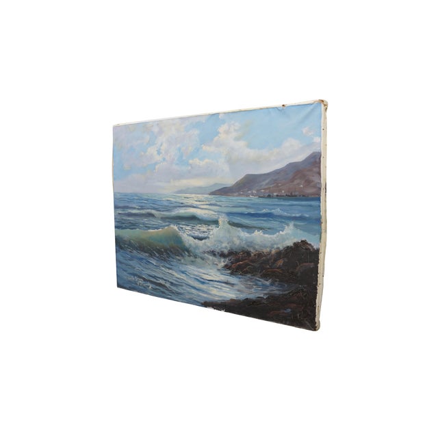 Vintage Costa Brava coastal seascape oil painting on canvas by V Blanch featuring waves crashing against the rocks with...