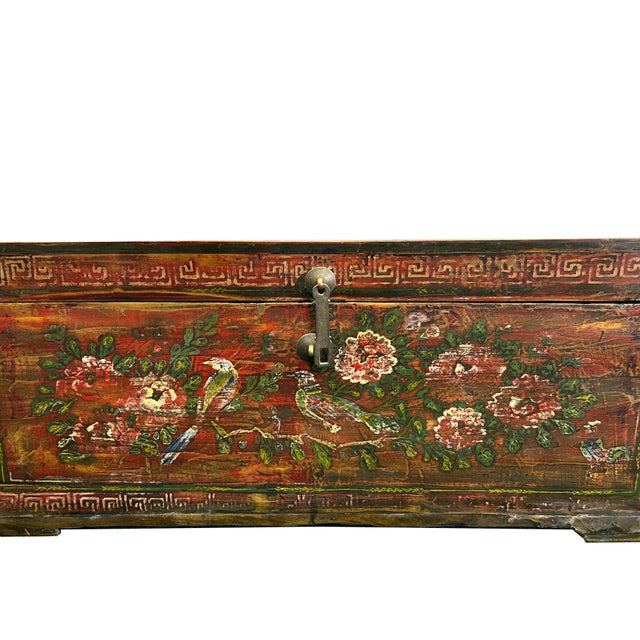 Wood Vintage Rustic Red Brown Floral Bird Rectangular Wood Trunk Chest Table For Sale - Image 7 of 9