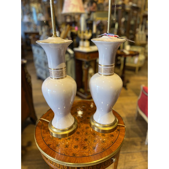 Mid-Century Modern Pair of Midcentury Porcelain Lamps Greek Key Detail For Sale - Image 3 of 6