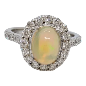 Opal Oval and White Diamond Dome Ring in 14K White Gold, size 6.75