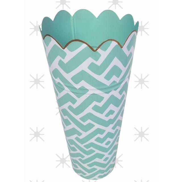 A beautiful geometric metal pale blue and white scalloped edge umbrella stand holder. This is a perfect piece for all of...
