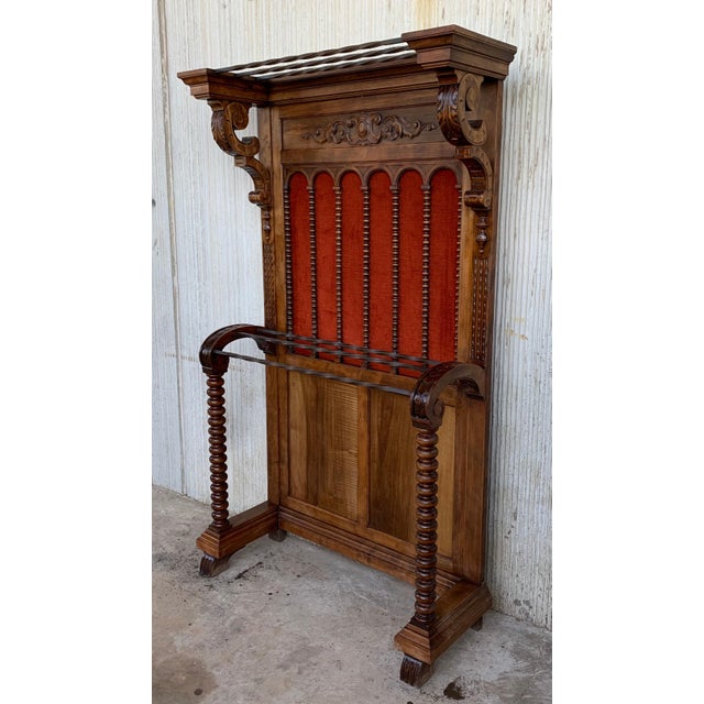 19th Large Carved Spanish Solid Walnut Hall Stand with Red Velvet Back For Sale - Image 17 of 18