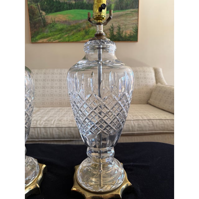 Late 20th Century Vintage Waterford Style Elegant Large Crystal and Brass Table Lamps - a Pair For Sale - Image 5 of 9