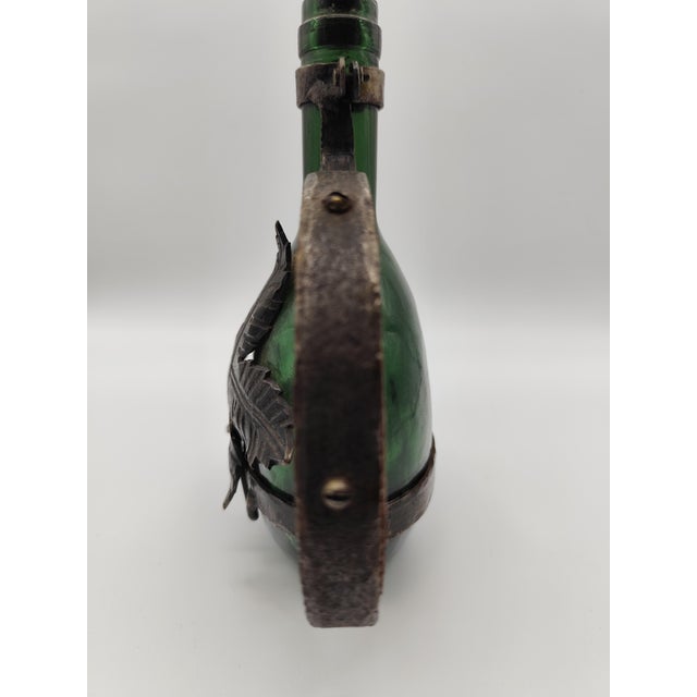 Antique 18th Century Green Glass Bocksbeutel Bottle with Dark Metal Mount and Ring-Shaped Stopper For Sale - Image 4 of 5