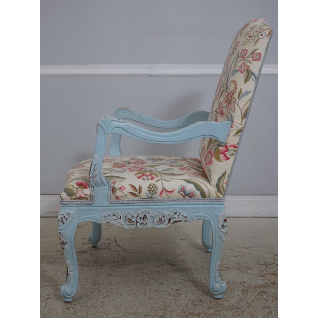 French Provincial Pair of French Provincial Blue Frame Open Arm Chairs For Sale - Image 3 of 18