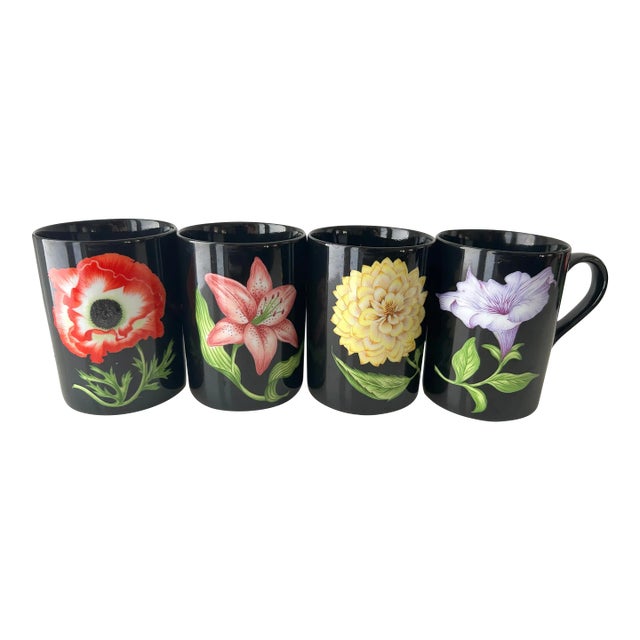 1980s Fitz and Floyd Porcelain Midnight Floral Coffee Mugs, Japan- Set of 4 For Sale
