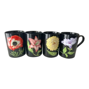 1980s Fitz and Floyd Porcelain Midnight Floral Coffee Mugs, Japan- Set of 4