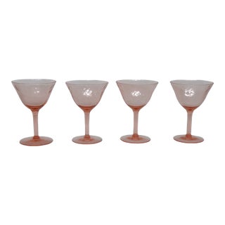 Early 20th Century Pink Stem Depression Glass Optic Swirl Glassware Wine Sherry Goblets 4751b - 4pc For Sale