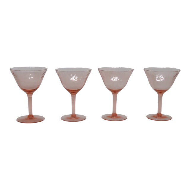 Early 20th Century Pink Stem Depression Glass Optic Swirl Glassware Wine Sherry Goblets 4751b - 4pc For Sale