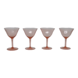 Early 20th Century Pink Stem Depression Glass Optic Swirl Glassware Wine Sherry Goblets 4751b - 4pc
