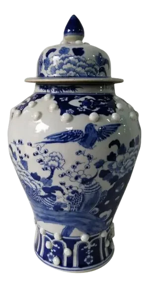 Chinese Blue and White Porcelain Ginger Jar With Birds & Flowers