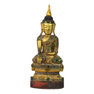 19th Century Richly Glass Inlaid Carved Burmese Shan Buddha Seated on a Throne For Sale