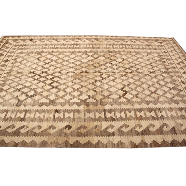 Modern Kilim Handmade Beige Geometric Wool Rug For Sale - Image 4 of 6
