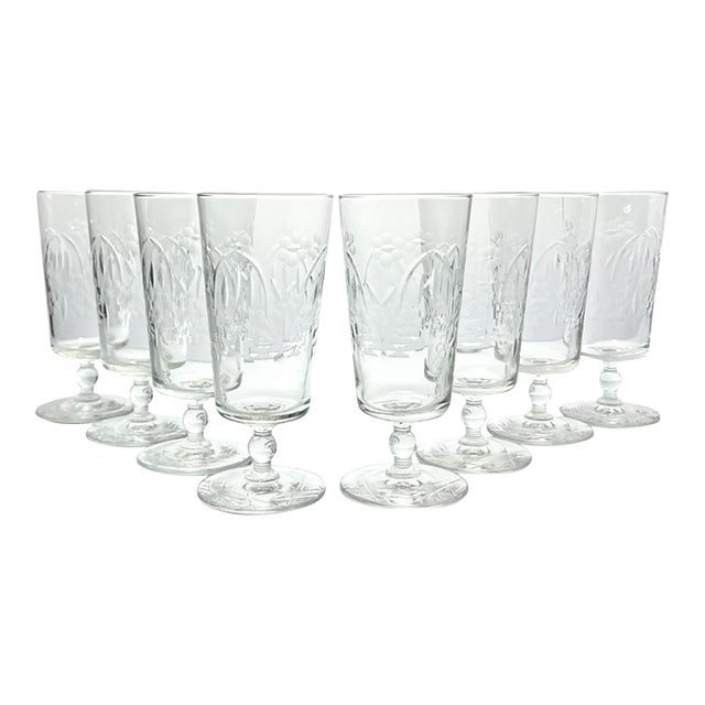 1950s Vintage Set of 8 Etched Flower Iced Tea Glasses For Sale