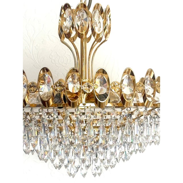 24 Karat Gold-Plated Brass and Crystal Chandelier, 1970s For Sale - Image 14 of 15