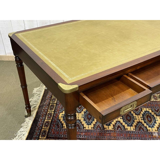 Wood English Nautical Style Flat Top Desk in Mahogany with Leather Top, 1980s For Sale - Image 7 of 12