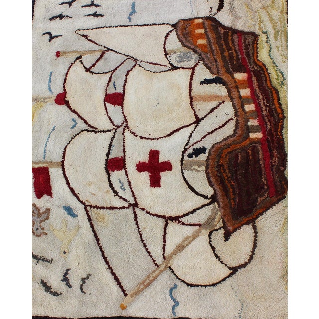 Early 20th Century Pictorial Antique American Hooked Rug With Knights Templar Ship at the Sea Antique American Hooke 2'4"x2'11" For Sale - Image 5 of 8