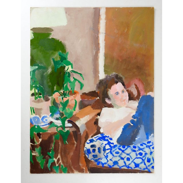 Late 20th century matte medium on artist board interior view with reclining figure by Marilyn Lanfear (1930-2020) Texas....